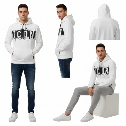 Felpa icon nera con cappuccio e stampa bianca