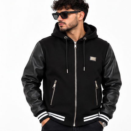 Giubbotto Made from NOTHIG uomo con cappuccio e maniche effetto pelle – Nero