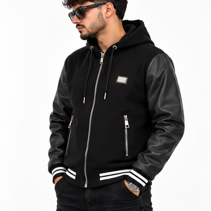 Giubbotto Made from NOTHIG uomo con cappuccio e maniche effetto pelle – Nero