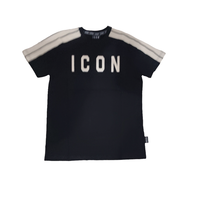 T-shirt icon nera con banda e logo beige