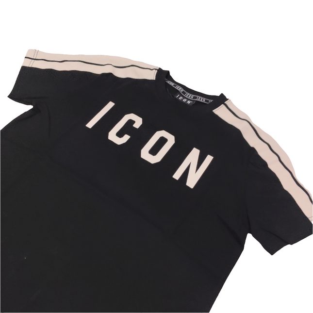 T-shirt icon nera con banda e logo beige