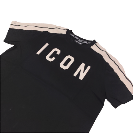 T-shirt icon nera con banda e logo beige