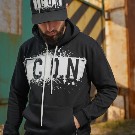 Felpa icon nera con cappuccio e stampa bianca