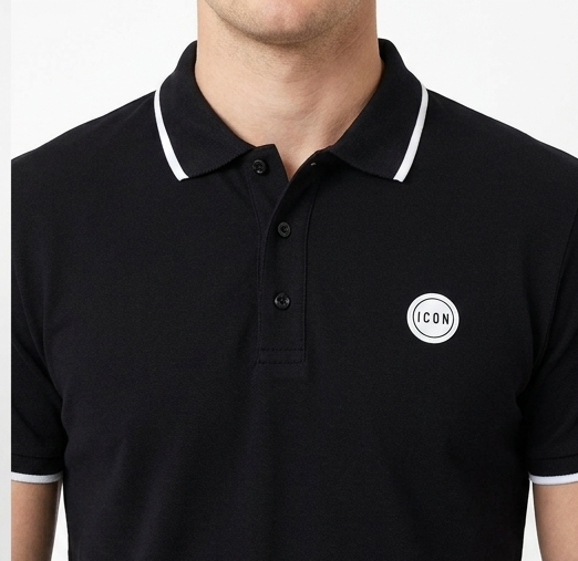 Polo icon nera con logo in gomma a cerchio