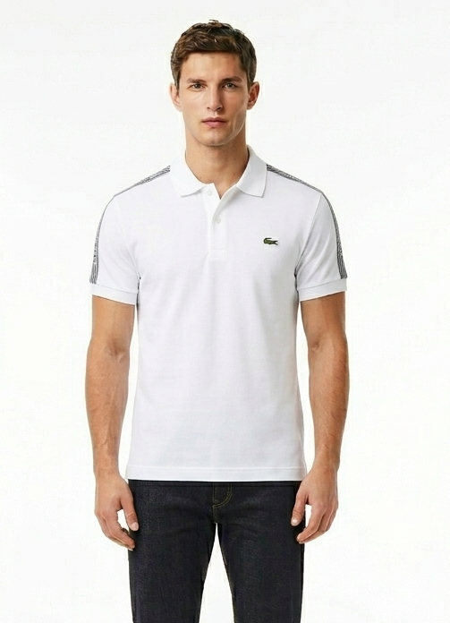 Polo Lacoste con banda sulle spalle nera/blu/bianco