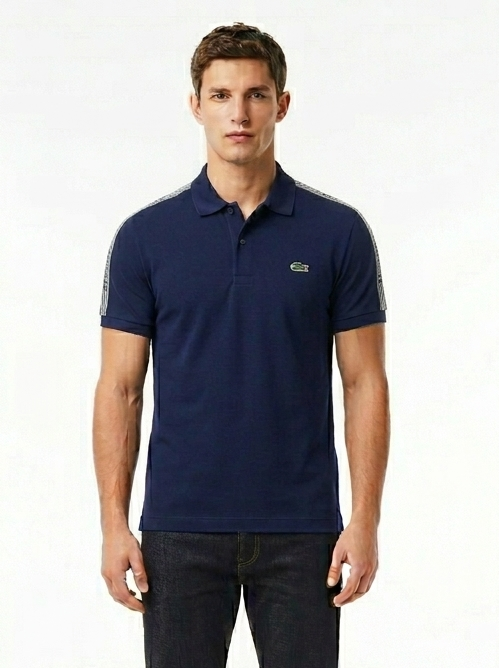 Polo Lacoste con banda sulle spalle nera/blu/bianco
