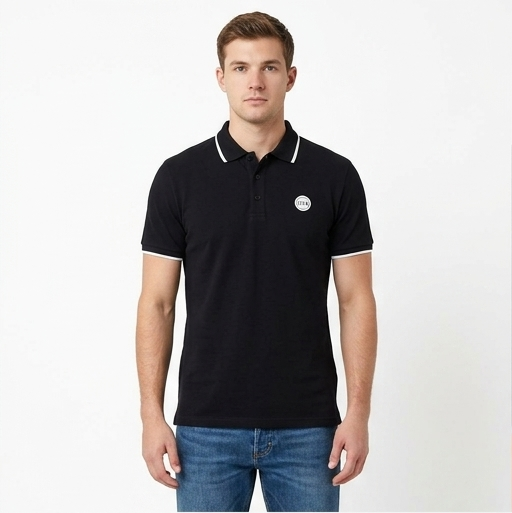 Polo icon nera con logo in gomma a cerchio