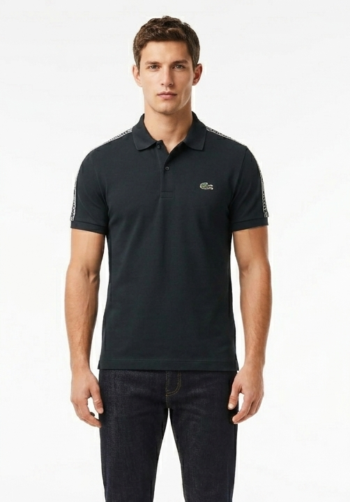 Polo Lacoste con banda sulle spalle nera/blu/bianco