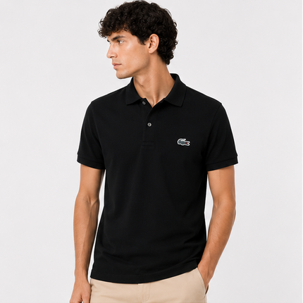 Polo Lacoste nera/verde logo multicolor