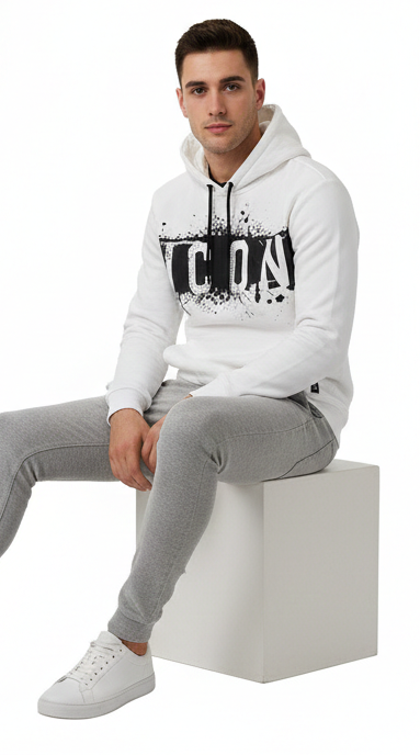 Felpa icon bianca con stampa nera effetto schizzo