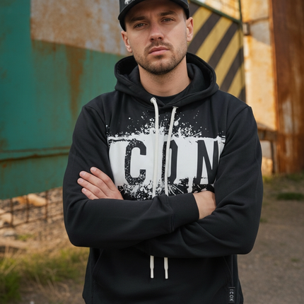 Felpa icon nera con cappuccio e stampa bianca