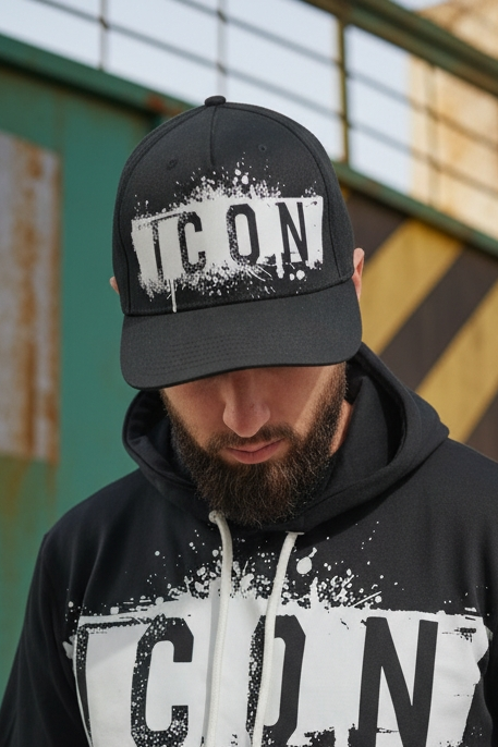 Felpa icon nera con cappuccio e stampa bianca