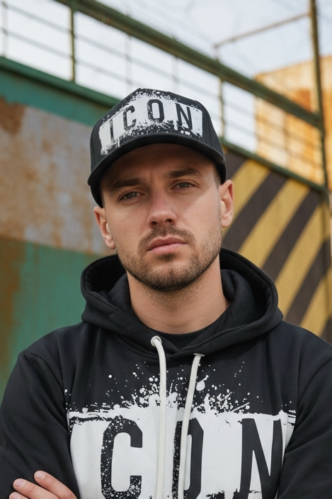 Felpa icon nera con cappuccio e stampa bianca